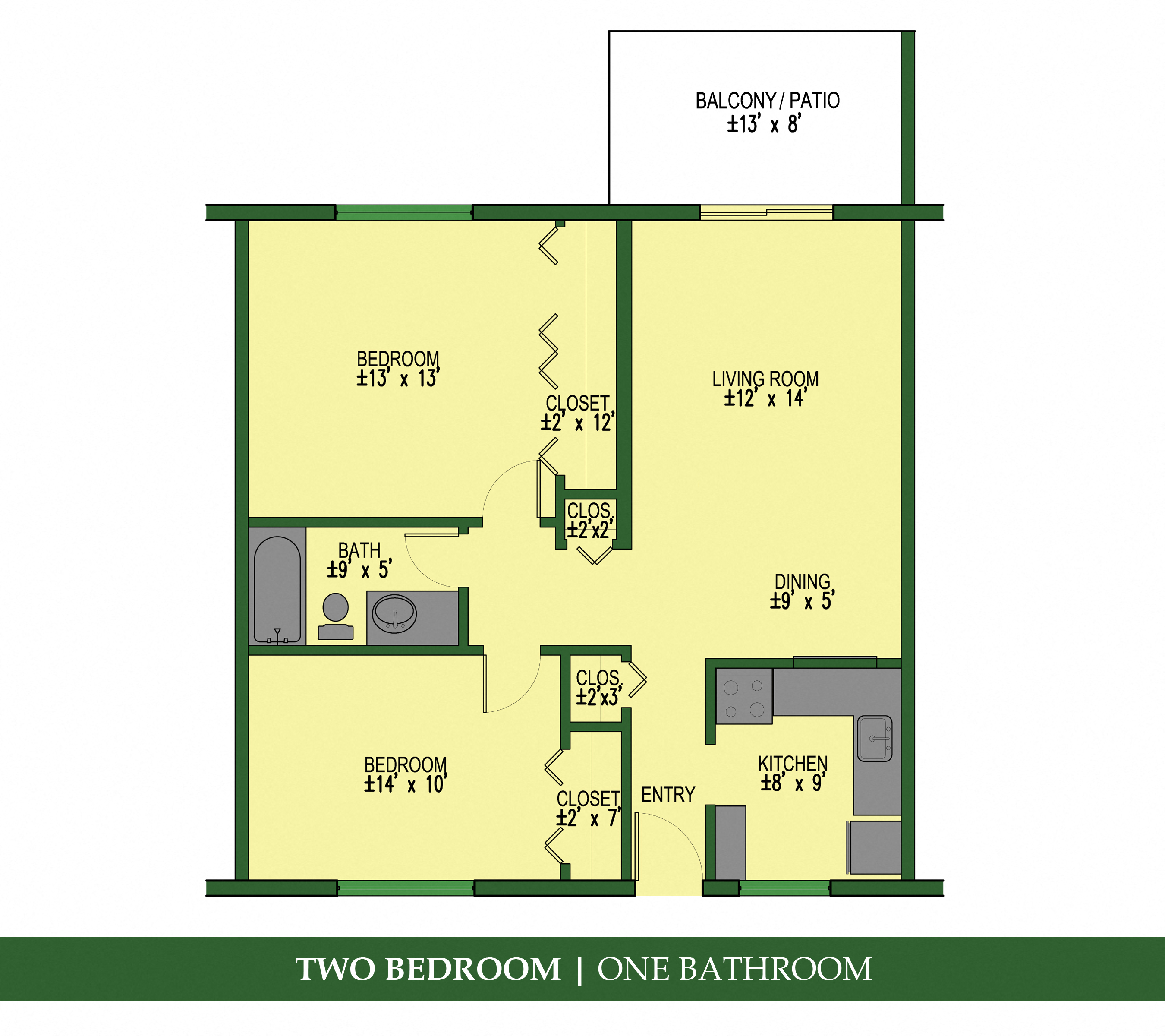 Floor plan for 2 beds, 1 bath, 1036 sqft